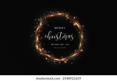 Gold light circle with with glittering dust and shimmery particles. 2025 Happy New Year and Merry Christmas Abstract shiny color gold wave design elemen