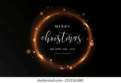 Gold light circle with with glittering dust and shimmery particles. 2025 Happy New Year and Merry Christmas Abstract shiny color gold wave design element