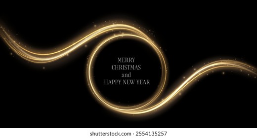 Gold light circle with with glittering dust and shimmery particles. 2025 Happy New Year and Merry Christmas Abstract shiny color gold wave design element