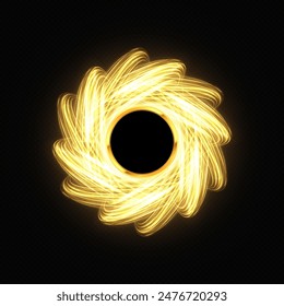 Gold light circle with sparkles. Glowing golden twirl. Curve light effect of golden line. Flash flies in a circle in a luminous ring.