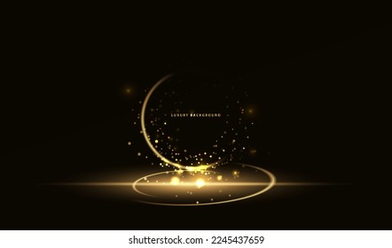 Gold light circle with sparkles on black background. Vector magic glowing ring effect. Realistic golden shiny frame of flare trail with glitter dust.