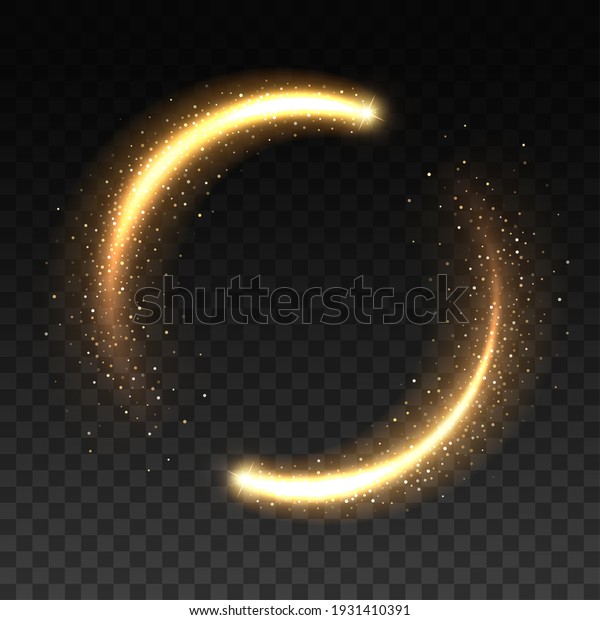 Gold light circle with sparkles, vector magic\
glow 3d effect. Realistic golden shiny ring or swirl, round frame\
of flare trail with glitter dust, golden fairy dust isolated on\
transparent background