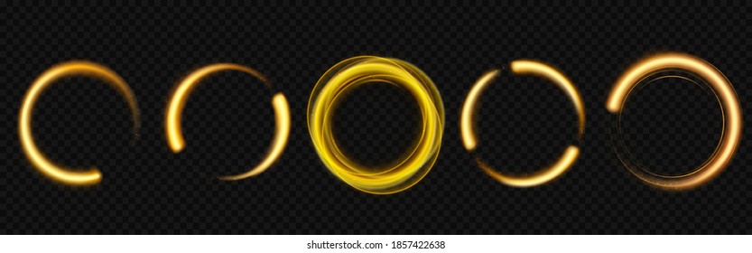 Gold light circles with sparkles, magic glow effect. Vector realistic set of golden shiny rings and swirls, round frames of flare trail with glitter dust isolated on transparent background