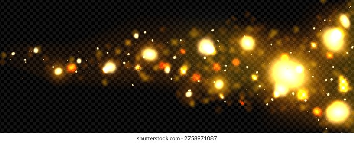 Gold light dust with magic sparkle. Firefly background with glow cloud and glitter. Luxury golden dream effect for Christmas overlay. Glam brilliant particle texture with shimmer fog and flare.