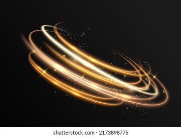 Gold light effect curves with sparkle on black background. Vector illustration 