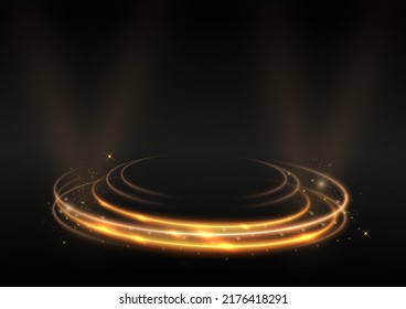 Gold light effect curves with sparkle on black background. Vector illustration 