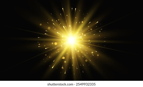 Gold light effect. Gold glitter star or sun. Vector background