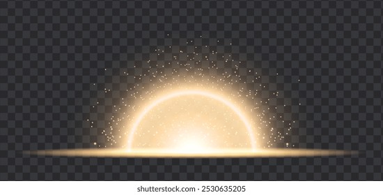 Gold light effect. Glow isolated transparent light, lens flare, explosion, sunrise, glitter and dust, spark and stars, spotlight and frames, sunburst. Abstract vector effect.