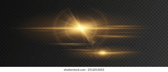 Gold light effect on a dark transparent background. Bright golden flashes and glares. Abstract rays glow in the dark. Light vibrations. Glowing laser. Vector illustration. EPS 10.