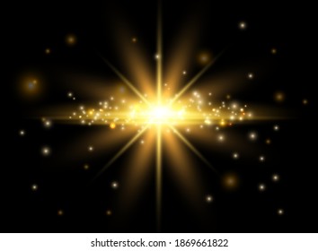 Gold light effect. Shining star, bokeh effect and flying glow vector elements