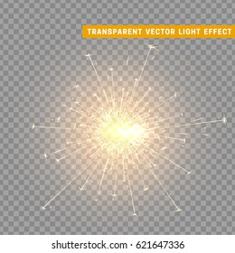 Gold light effect. The effect of gold sparkler. Bright Star with transparency. Glowing glitter. Isolated Christmas decoration. Magic lighting object vector illustration