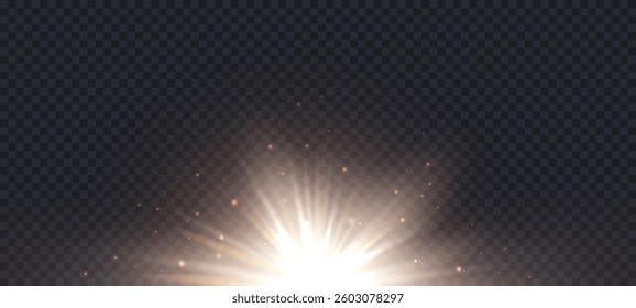 Gold light effect with sparkles isolated on transparent png background. Sunshine rays, sunlight, abstract explosion, burst, beams, magic festive glow effect, vector illustration.