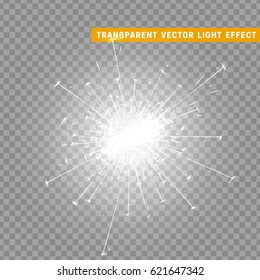 Gold light effect. The effect of white sparkler. Bright Star with transparency. Glowing glitter. Isolated Christmas decoration. Magic lighting object vector illustration