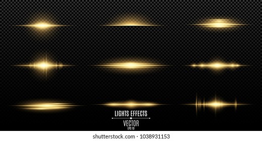 Gold light effects on a transparent background. Bright flashes and glares of golden color. Bright rays of light. Light vibration from sound. Glowing lines. Vector illustration. EPS 10