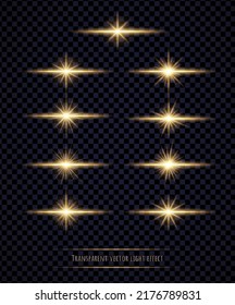 Efecto de la bombilla dorada aislado sobre fondo transparente. Aparatos de sol, chispas, estrellas brillantes y colección de rayos. Resumen del concepto de explosión luminosa. Ilustración vectorial.