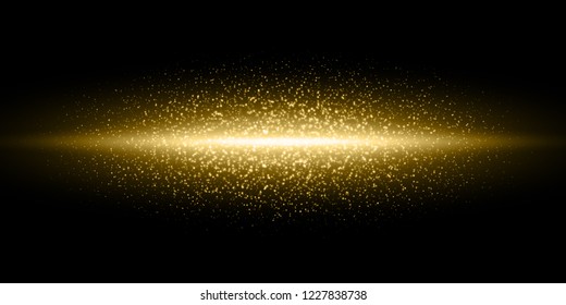 Gold light flash, glitter dust particles burst background, Vector golden shimmer flares glow line, magic glittering sparkles in black galaxy