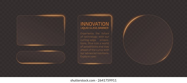 Gold light frame banner set on transparent background. Liquid glass plate for mobile phone ux, web interface, tech and hud. Rectangle and circle light frame with shine and reflect, vector illustration