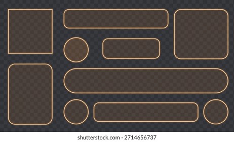 Gold light frame banner set on transparent background. Liquid glass plate for mobile phone ux, web interface, tech and hud. Rectangle and circle light frame with shine and reflect, vector illustration