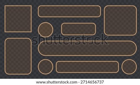Gold light frame banner set on transparent background. Liquid glass plate for mobile phone ux, web interface, tech and hud. Rectangle and circle light frame with shine and reflect, vector illustration