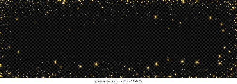 Gold light glitter rectangle border frame background. Magic stars shine with golden dust glow. On transparent background as a png, vector sparkle effect