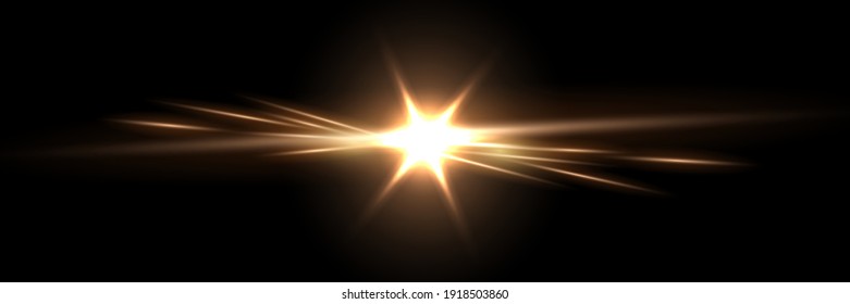 Gold light glow on black horizontal background. Golden bright spark shining vector illustration. Flash of light with ray beams in space. Sunshine sparkles and lines effects.