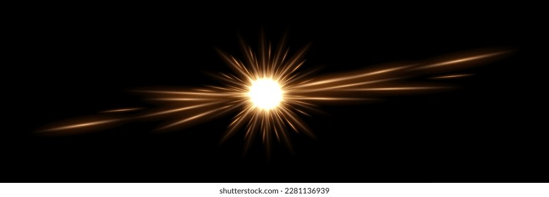 Gold light glow on black horizontal background. Golden bright spark shining vector illustration. Flash of light with ray beams in space. Sunshine sparkles and lines effects.