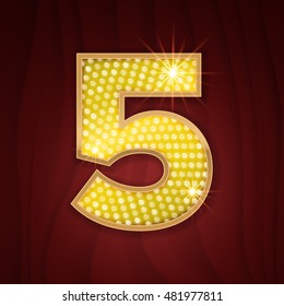 Gold Light Lamp Bulb Font Number 5 Five. Sparkling Glitter Design In Style Of Vegas Casino, Burlesque Cabaret And Broadway Show Decoration. Shining Numbers Symbols Of Alphabet Set For Light Board