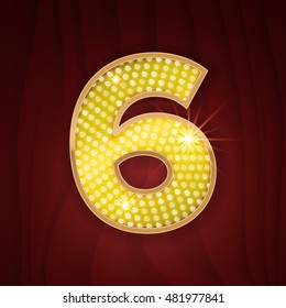 Gold light lamp bulb font number 6 Six. Sparkling glitter design in style of vegas casino, burlesque cabaret and broadway show decoration. Shining numbers symbols of alphabet set for light board