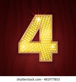 Gold Light Lamp Bulb Font Number 4 Four. Sparkling Glitter Design In Style Of Vegas Casino, Burlesque Cabaret And Broadway Show Decoration. Shining Numbers Symbols Of Alphabet Set For Light Board