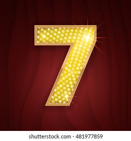 Gold light lamp bulb font number 7 Seven. Sparkling glitter design in style of vegas casino, burlesque cabaret and broadway show decoration. Shining numbers symbols of alphabet set for light board