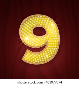 Gold Light Lamp Bulb Font Number 9 Nine. Sparkling Glitter Design In Style Of Vegas Casino, Burlesque Cabaret And Broadway Show Decoration. Shining Numbers Symbols Of Alphabet Set For Light Board