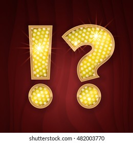 Gold light lamp bulb font symbol Exclamation and Question marks. Sparkling glitter design in style of vegas casino, burlesque cabaret and broadway show decoration. Shining symbols of alphabet set