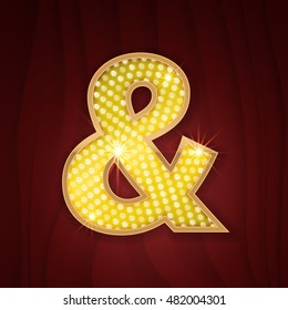 Gold light lamp bulb font Ampersand, And sign. Sparkling glitter design in style of vegas casino, burlesque cabaret and broadway show decoration. Shining symbols of alphabet set