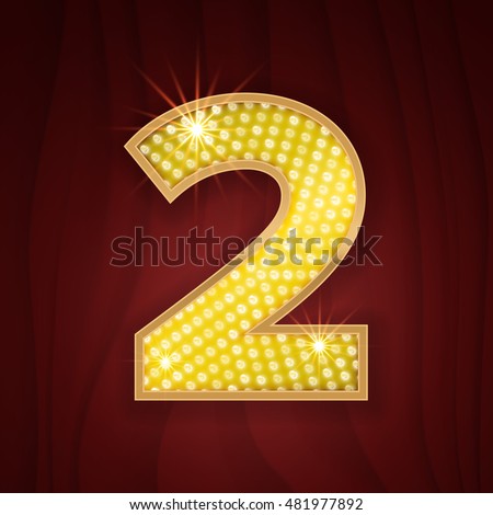 Gold light lamp bulb font number 2 Two. Sparkling glitter design in style of vegas casino, burlesque cabaret and broadway show decoration. Shining numbers symbols of alphabet set for light board