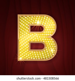 Gold light lamp bulb letter B. Sparkling lightning glitter shine alphabet for light board. 