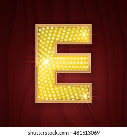 Gold light lamp bulb letter E. Sparkling lightning glitter shine alphabet for light board. Fashion show, nightclub stylish glowing shining golden alphabet letter E