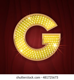 Gold light lamp bulb letter G. Las Vegas Casino sparkling lightning glittering alphabet. 