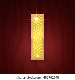 Gold light lamp bulb letter I on Broadway show style. Sparkling glitter alphabet for light board decoration