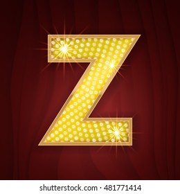 Gold light lamp bulb letter Z. Sparkling glitter shine alphabet for light board. Stylish glowing shining golden alphabet letter