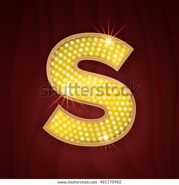 Gold light lamp bulb letter S.\
Sparkling glittering alphabet set design. Casino style gold\
letter