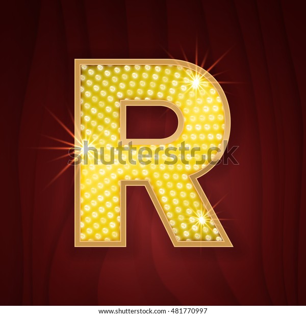 Gold light lamp bulb letter R. Sparkling lightning
glitter shine alphabet for light board. Vintage cabaret style
design