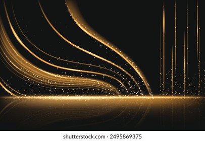 Gold light party stage. Abstract black design with golden glitter. Elegant winner ceremony banner. Premium anniversary event studio bg. Luxury cosmetic product display scene. Yellow concert backdrop