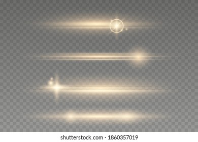 Gold Light rays Glow line bright glare on transparent background Glowing streaks. Luminous abstract sparkling lines.
