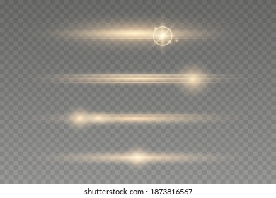Gold Light rays Glow line bright glare on transparent background. yellow horizontal lens flares pack.