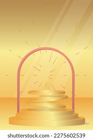 Gold and Light Red pedestal podium. Realistic cylinder stage showcase for presentation. Abstract Mockup product display. Vector futuristic room. Luxury minimal geometric forms, empty scene.