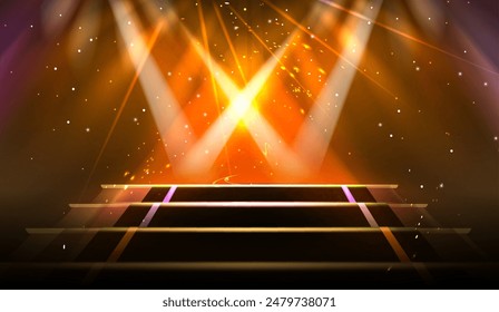 Gold light show stage. Abstract spotlight podium. Golden concert or winner ceremony studio with glitter and platform. Shiny bright night club event 3d stairs pedestal bg design. Sparkle flare scene