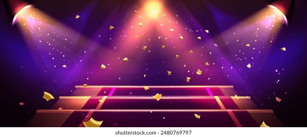 Gold light show stage. Abstract spotlight podium. Purple concert, winner ceremony studio with golden glitter, platform. Shiny bright night club event 3d stairs pedestal bg design. Sparkle flare scene