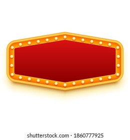 Gold Light Sign. Retro Style Design. Frame With Light Bulbs. Empty Mockup For Casino Promotions. Vector Illustration.