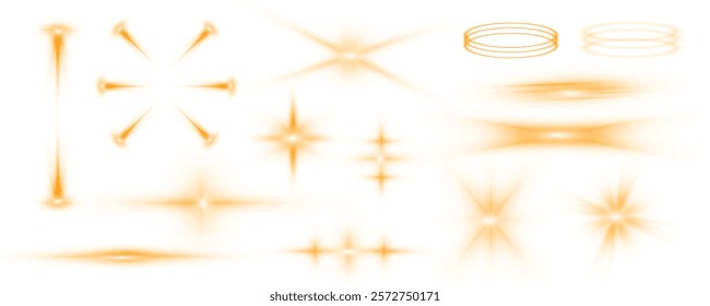 Gold light spiral effect. Glittering wavy trail. Large collection of bright yellow light effects for your design on transparent background.