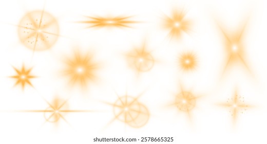 Gold light spiral effect. Glittering wavy trail. Large collection of bright yellow light effects for your design on transparent background.	